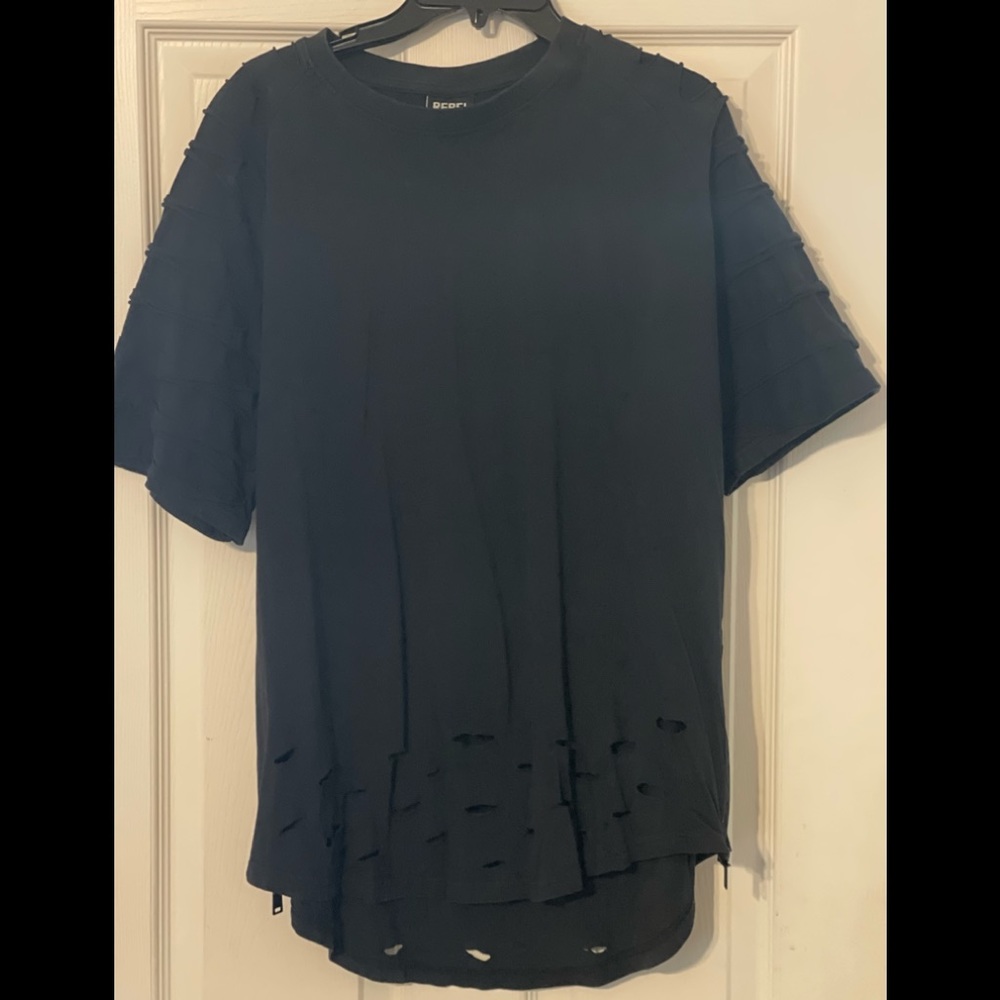 2X Black Rebels Short Sleeve ripped And ruffle sleeves shirt.